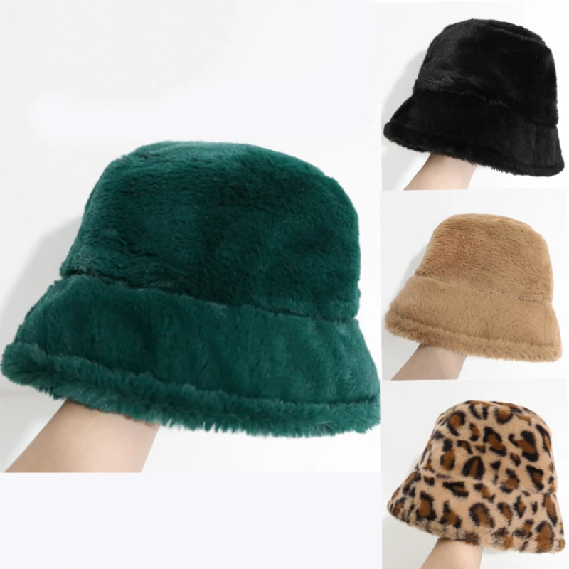 

Autumn Winter Women Faux Rabbit Fur Leopard Bucket Hat Ladies Thick Warm Outdoor Travel Fisherman Hat Velvet Panama Girls