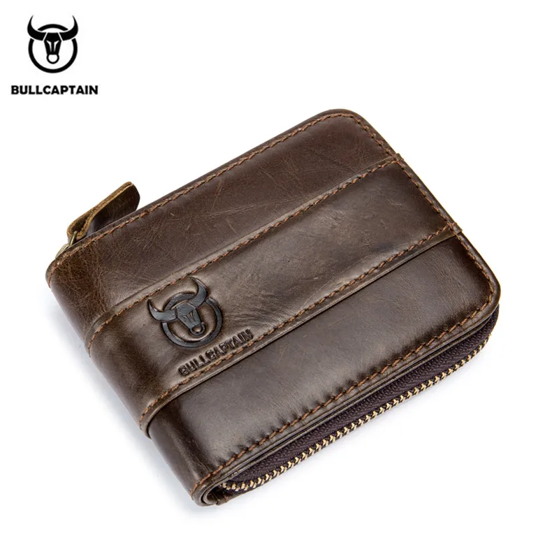 

Мужские кошельки BULLCAPTAIN RFID, кредитницы, бумажники из натуральной кожи с двойной молнией, кошелек из воловьей кожи с кнопкой