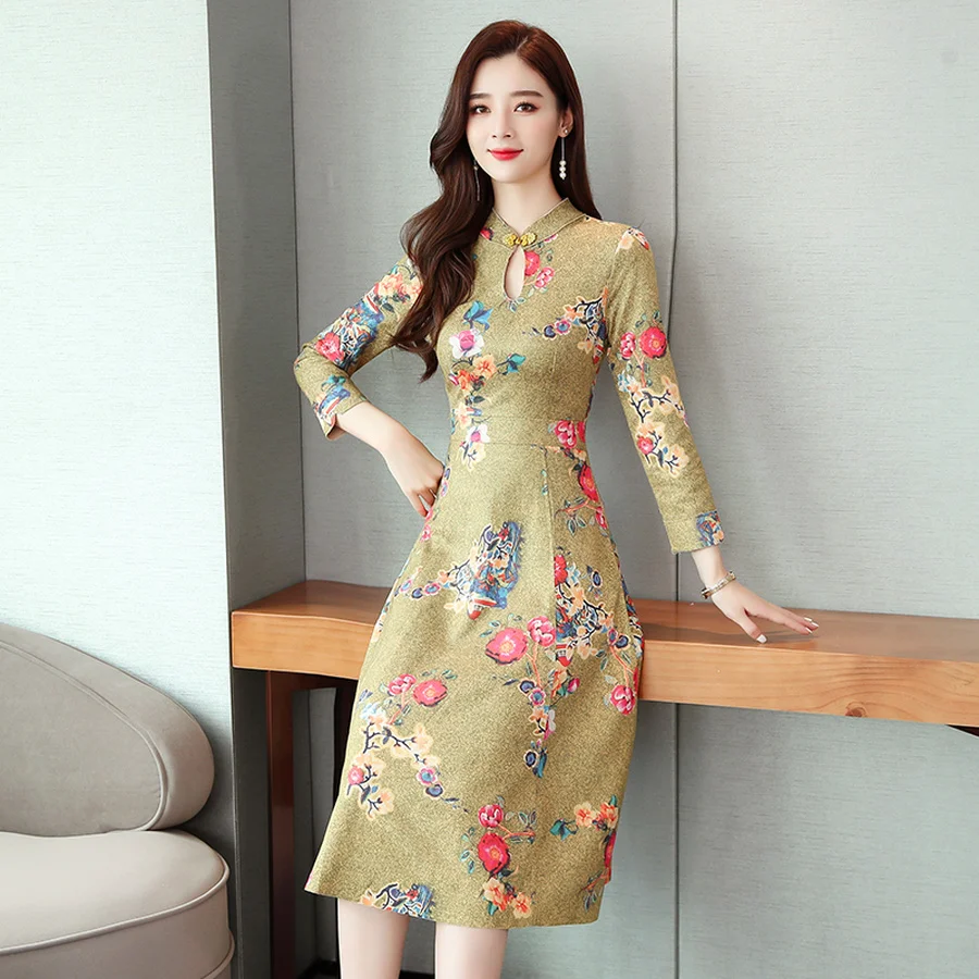 Винтажное синее платье средней длины в китайском стиле осенне-зимнее размера