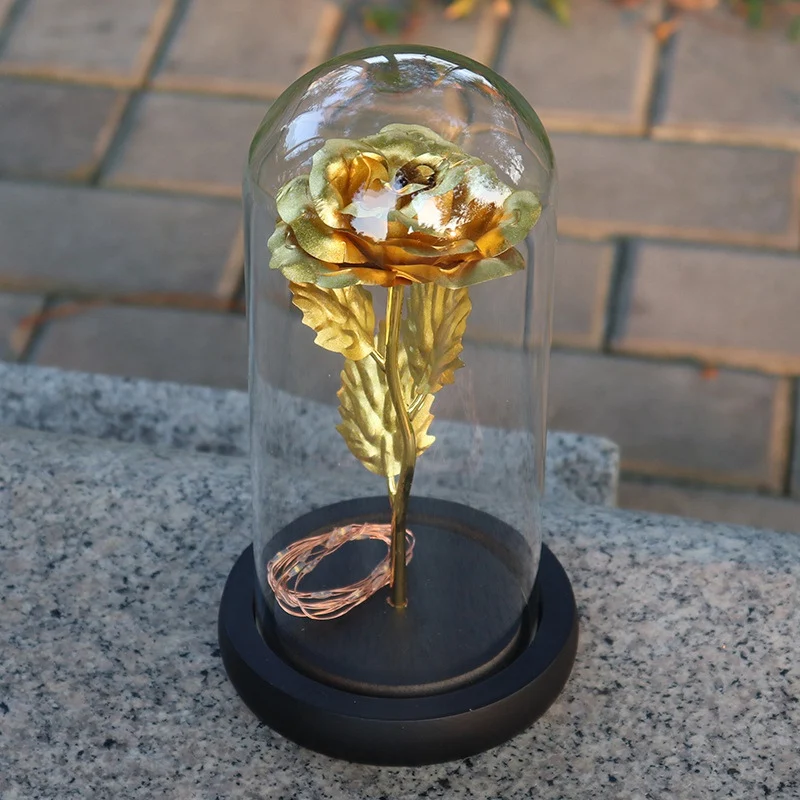 

Artificial Gold Foil Rose Flower Night Light No Battery LED Light String In Glass Dome On Wooden Base The Best Gift For Women Gi