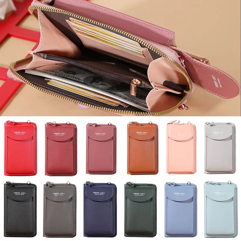 

2021 New Women Wallet Solid Leather Shoulder Straps Shoulder Bag Mobile Phone Big Card Holders Wallet Handbag Pockets Girls