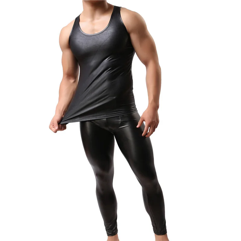 Мужские майки из искусственной кожи футболки без рукавов облегающие брюки