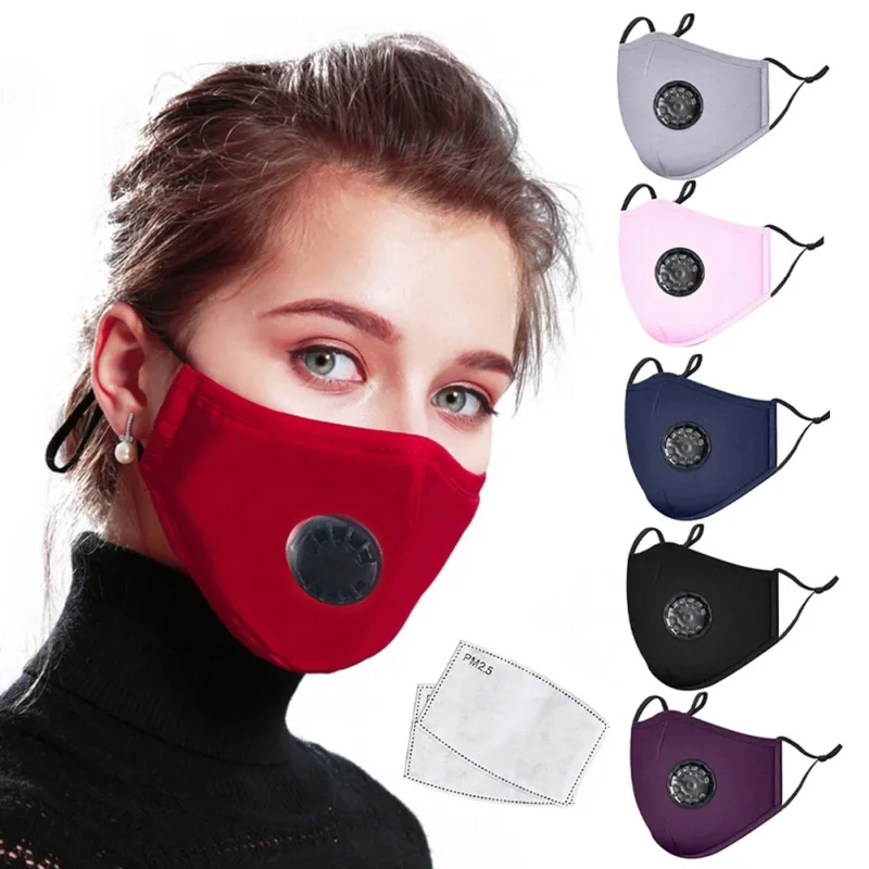 

2PCS Washable PM2.5 Mouth Masks With Valve Filters Anti Dust Anti Pollution Windproof Cotton Mask Fashion Reusable Face Mask