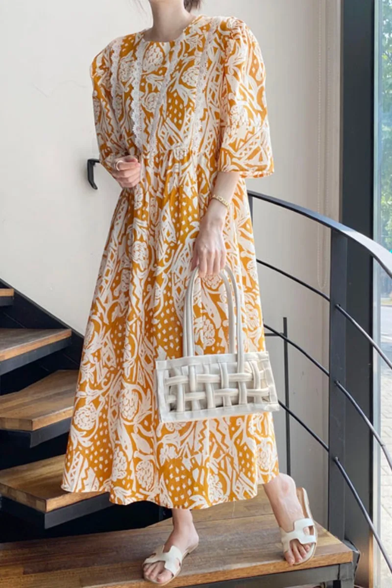 

Spring and Summer Korean Style Dress Chic Retro French Dress Printed Stitching Lace Cotton Loose Slimming Long Dress for Women