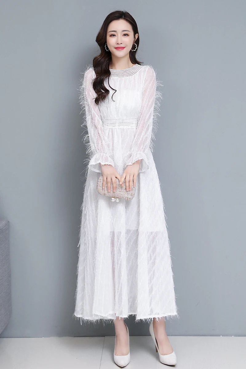 

COIGARSAM 3XL Plus Size Full Sleeve Women Long dress New Spring Chiffon Dresses Black White 223