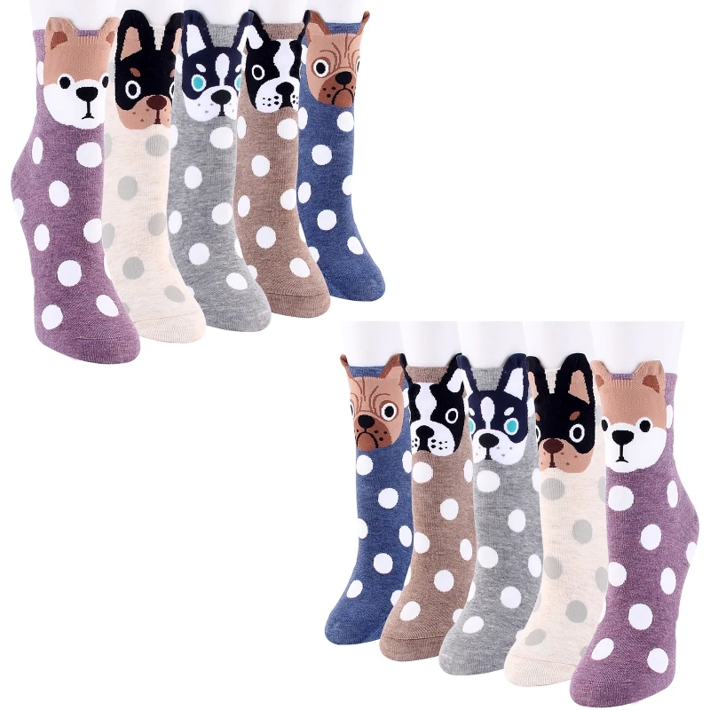 

Q6PB 5 Pairs Women Funny Cute Dog Animals Crew Socks Polka Dot Printed Novelty Breathable Cotton Student Mid Tube Hosiery