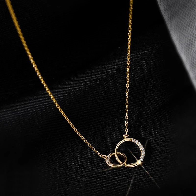 

925 Sterling Silver Crystal Round Double Circle Charm Necklaces & Pendants For Women Party Choker dz639