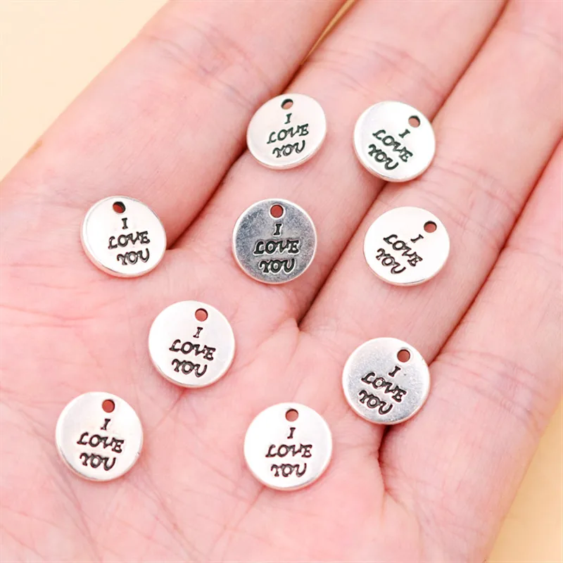 Серебряная бирка I Love You 10 мм Disc Charm серебряный цвет штампованный на серебряном
