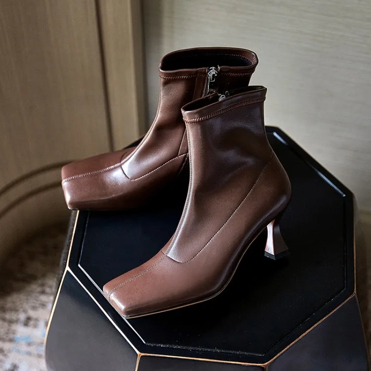 

MLJUESE 2021 women soft ankle boots Microfiber zippers boots winter short plush square toe high heels women boots