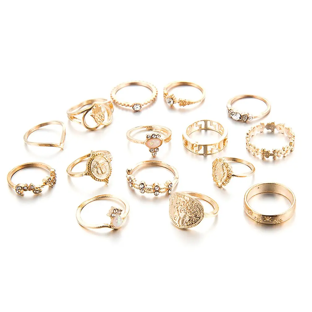 

Creative Vintage Ring Set Beauty Head Gold Coin Cross Pattern Diamond Love Ring 15Pcs Vintage Ring Set