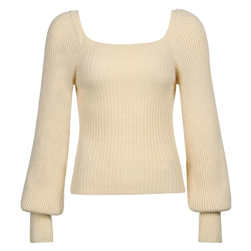 

YYXZ Spring Fashion Slim Solid Color Square Neck Knitted Long Lantern Sleeve 5 Colors Lady Pullovers Woman Casual Sweaters