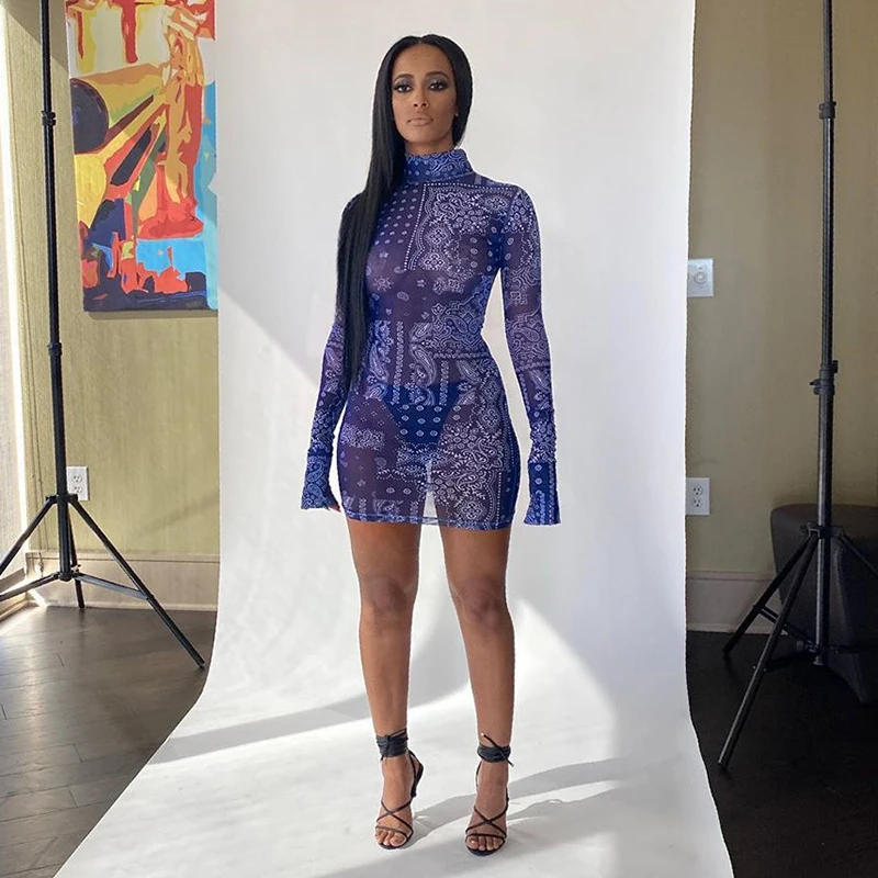 

Cutubly Long Sleeve Sexy Bodycon Dress Autumn Winter Vintage Print Mini Dress Mesh See-Through Fashion Party Club Dresses