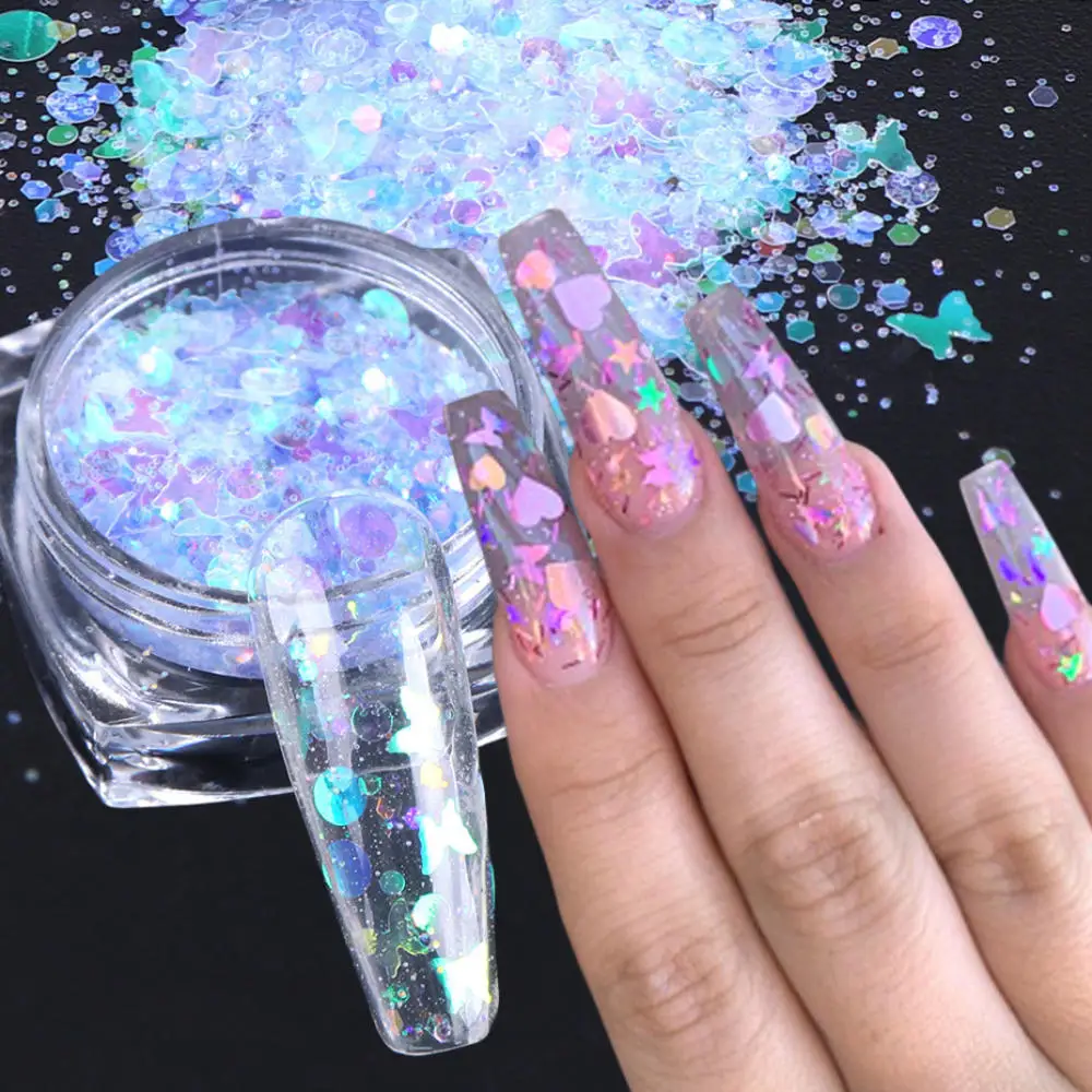 

New 1 Box Heart Butterfly Nail Art Glitter Sequins Flakes Mix Round Star Mermaid Sparkly Paillettes DIY Manicure Decor Tips