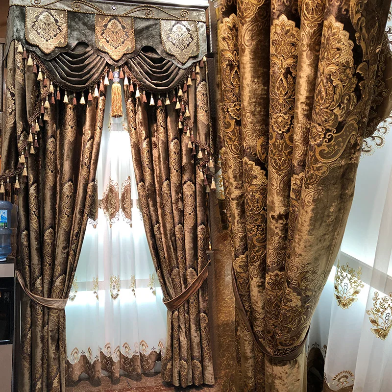 

European High-grade Brown Velvet Curtains Palace Luxury Living Room Curtains Bedroom Luxury Villa Atmosphere