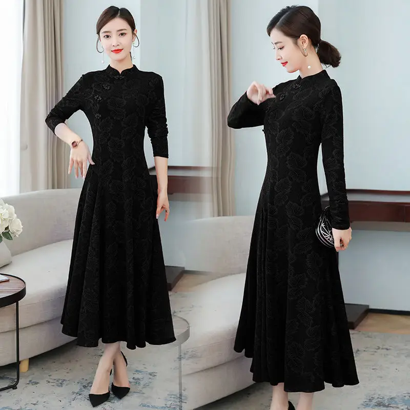 Винтажное жаккардовое платье-Ципао с цветочным принтом женское элегантное