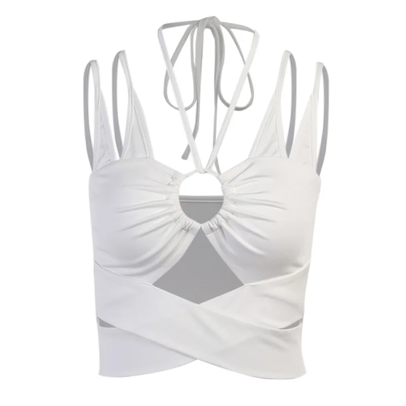 

InstaHot Women Halter Hollow Out Crop Top Drawstring Solid Sexy Vintage Camisole Summer Sleeveless Streetwear Casual 2021 Top