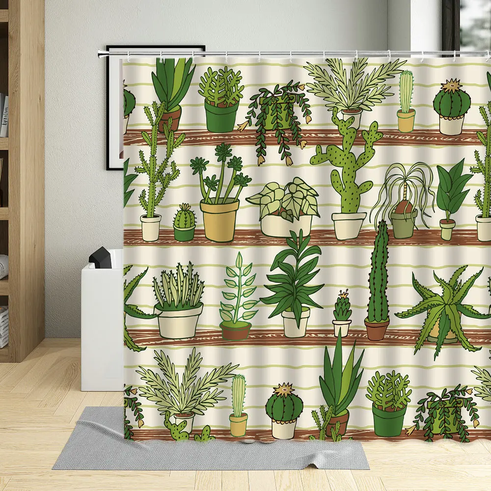 

Cartoons Cactus Waterproof Bathroom Decor Screen Succulents Green Plant Shower Curtain Polyester Fabric Curtains With 12 Hooks
