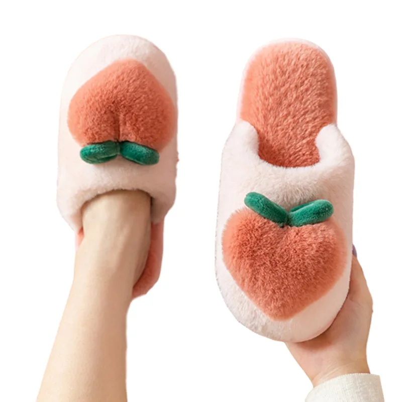 

2021 For Home Fruit Peach Slippers Sweet Fulffy Fur Slippers Winter Warm Indoor Floor Slippers Shoes Non-Slip Comfy Shoes Women