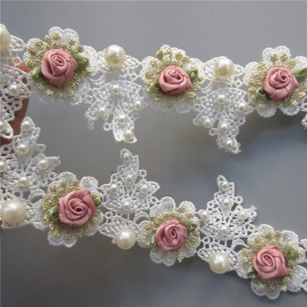 1 ярд Золотая Жемчужная роза кружевная отделка вышитая лента ткань для шитья