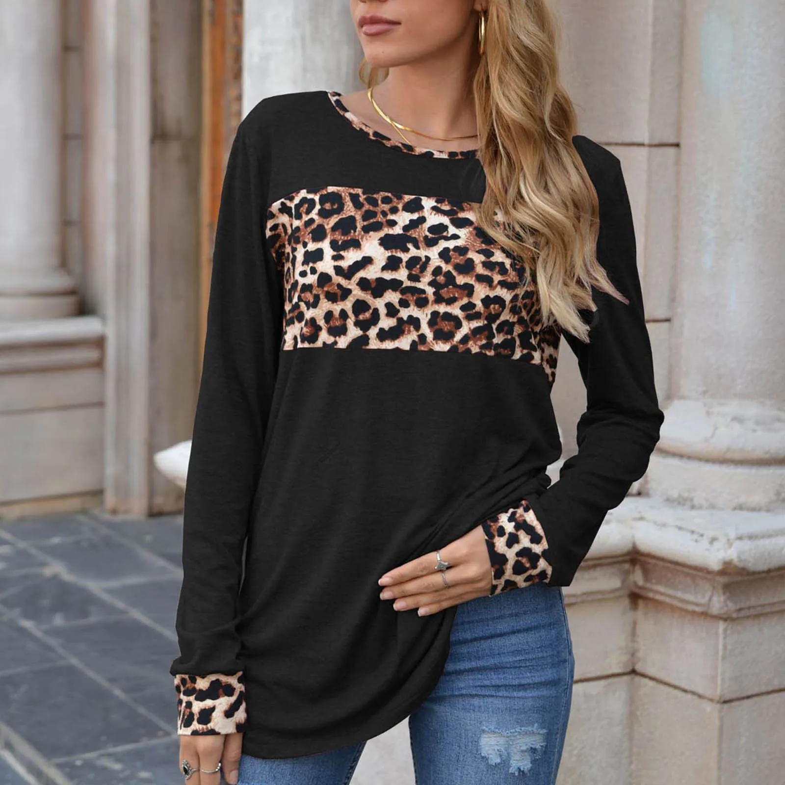 

Women's Autumn Leopard Print Stitching O-neck Long Sleeves T-shirt Tops Streetwear Women Top Winter Clothes Sudadera