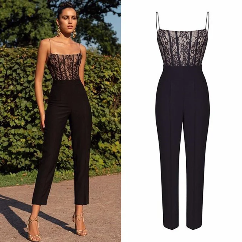

Fashion Women Black Lace Jumpsuit Sleeveless Bodycon Overalls Bodysuit Strappy Backless Rompers Sexy Playsuit One Piece Outfits