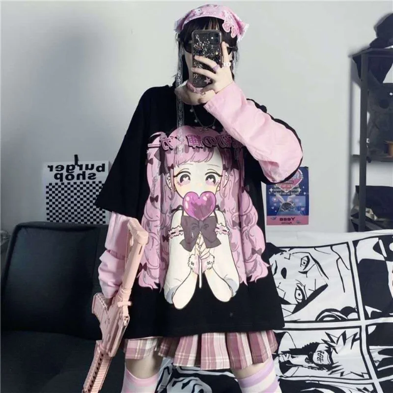 

HOUZHOU Kawaii T-shirt Women Anime Print Long Sleeve Tee Harajuku Graphic E Girl Fake Two Tops Aesthetic Clothes Streetwear