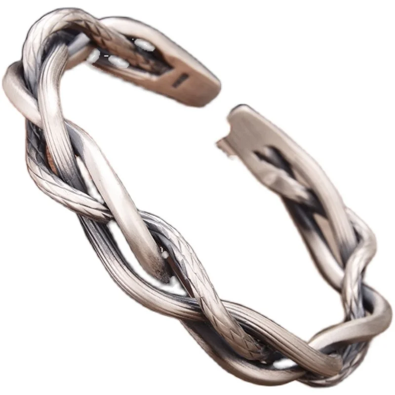 

Vintage Sterling Silver Retro Three-strand Twist Bracelet Light Luxury All-match Elegant Couple Jewelry Adjustable Opening