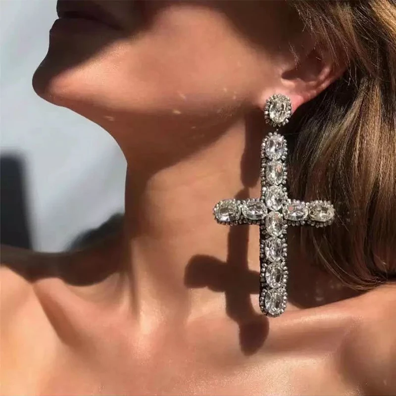 

New Statement Big Vintage Long Metal Colorful Crystal Cross Drop Earrings Full Rhinestones Pendant Jewelry Accessories For Women