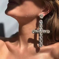 new statement big vintage long metal colorful crystal cross drop earrings full rhinestones pendant jewelry accessories for women