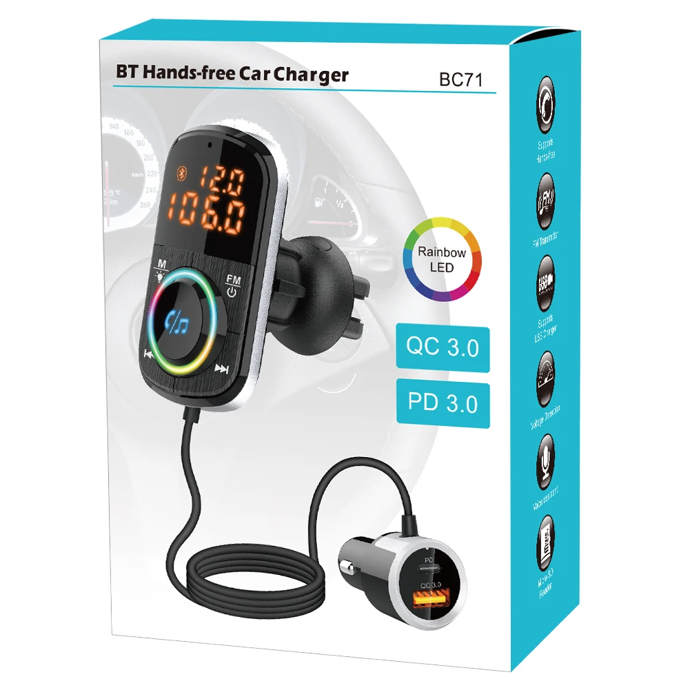 

Car 5.0 FM Transmitter 18W Fast Charger for Car LED Backlit QC3.0 + USB C PD Hands Free Kit TF Card MP3 Music Player