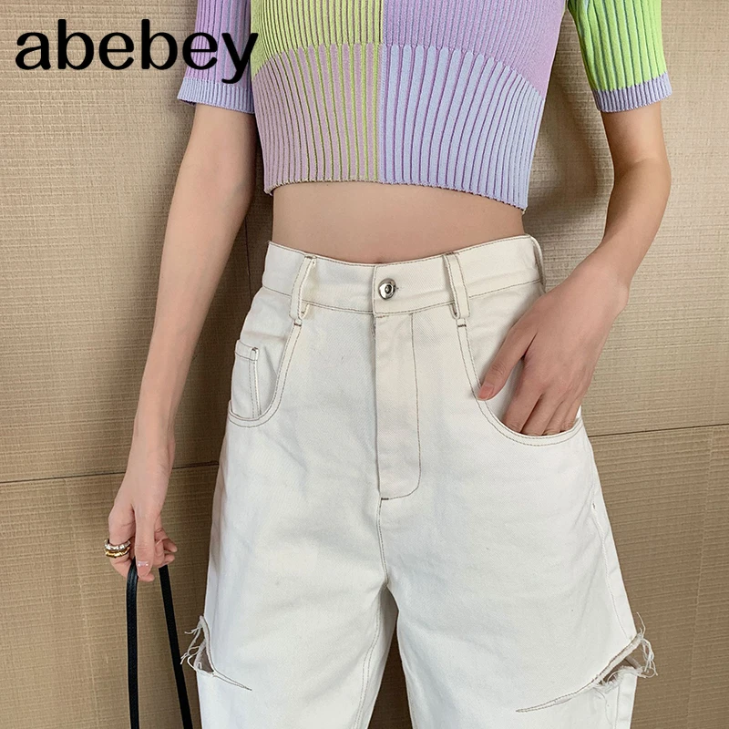 

Casual Loose Women Full Length Pant High Waist Ripped Hole White Denim Wide Leg Pant For Female Fashion Clothing