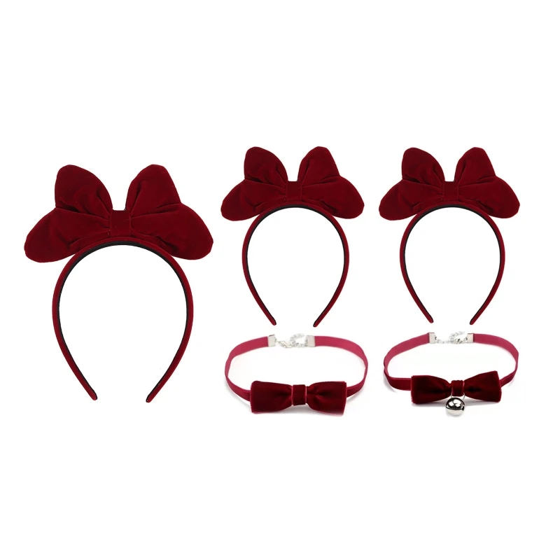 

L21E Elegant Velvet Bows Hair Hoop Choker Set Big Bow Headband for Special Event