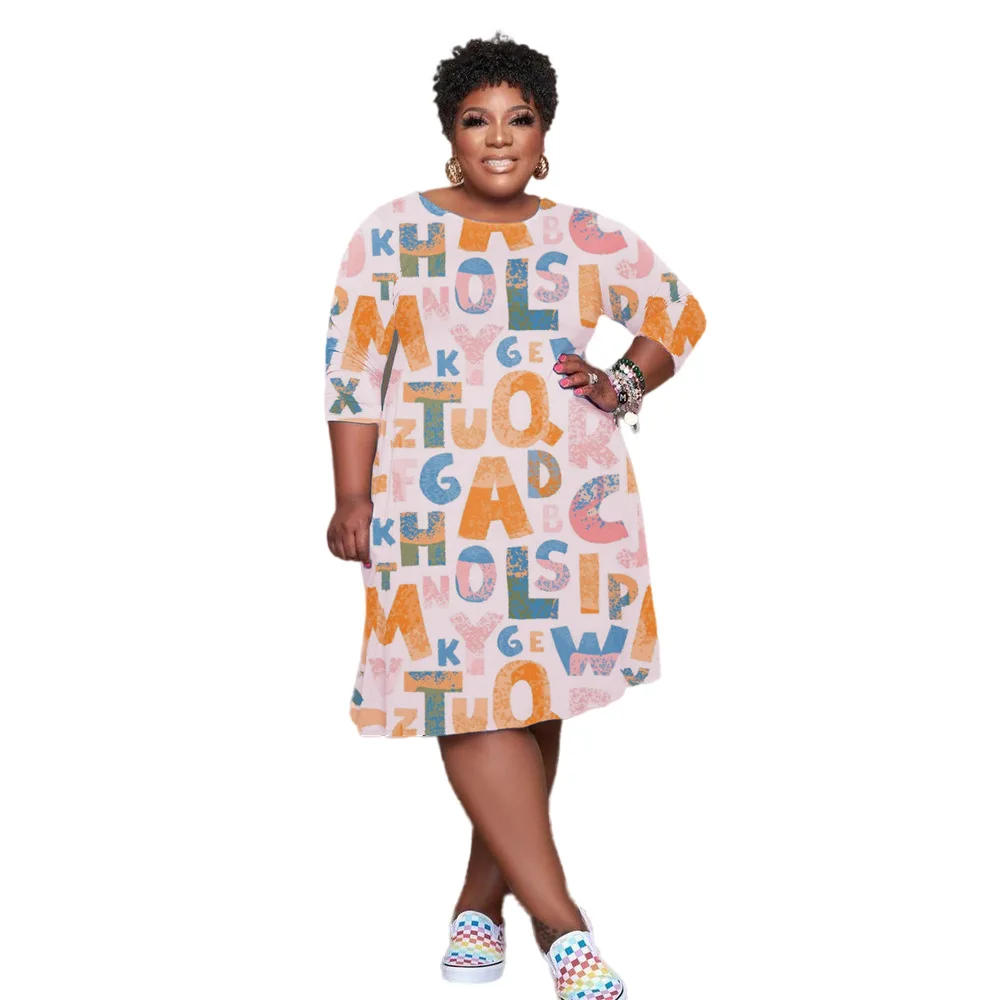 

women's long sleeve dress plus size letter print casual vintage dress vestidos de mujer woman dress