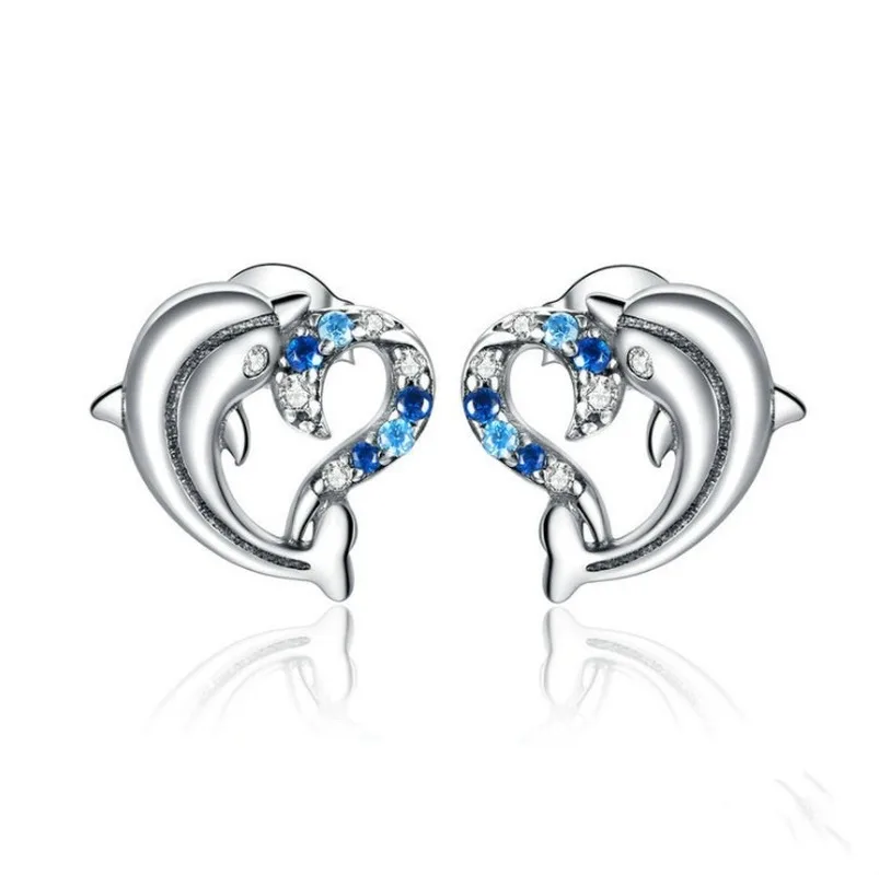 

Fairy Style Dolphin Ear Studs Earrings with Blue Zircon Heart Shaped Earrings