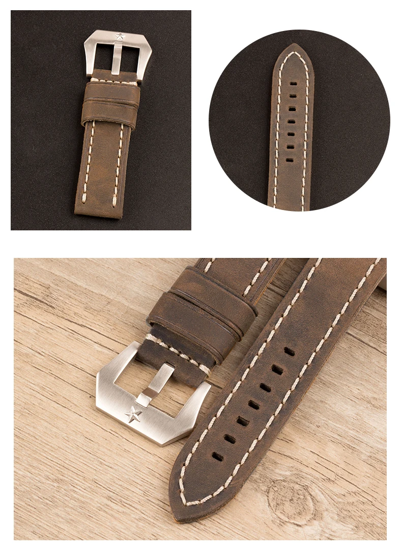 

Handmade Retro Brown Crazy Horse Leather Strap 20 22 23 24MM Adapted Stainless Steel or Bronze Pilot Watches for Male Watch Band