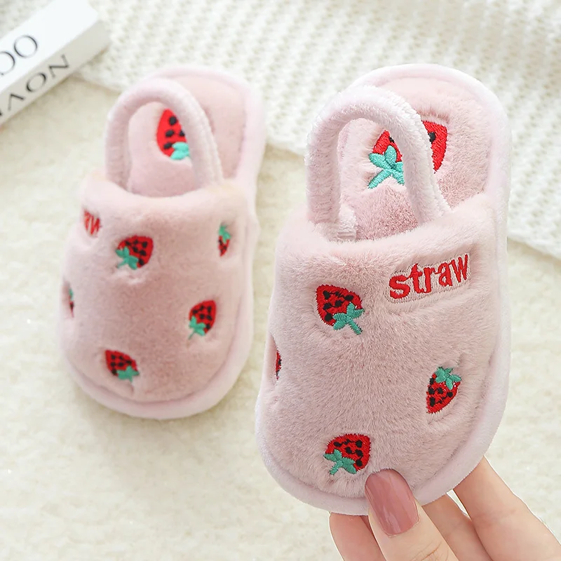 

ZM03 TOPRINCESS Fur Slides Cotton Shoes Kids Spring Fruits Embroidery Warm House Slippers Indoor Non Slip Home Slippers For Baby