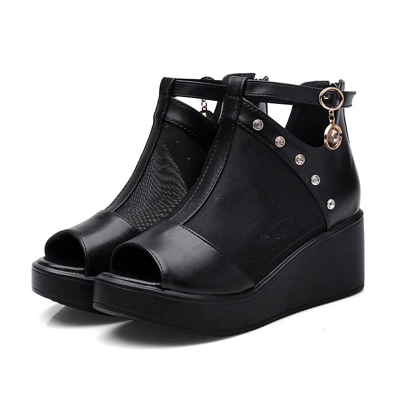 

2021 New Fish Mouth Rhinestone High Quality PU Mesh Boots Summer Women Sandals Platform Heighten Shoes Black High Heel Sandals