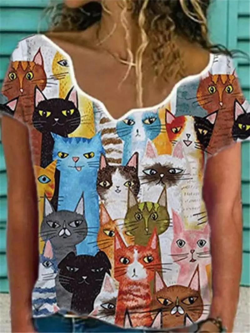 

2021 Summer Fashion Women T-Shirt Sexy V-Neck Printed Female Pullover T-Shirt Casual Loose Short Sleeve Ladies Streetwear