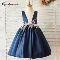 puffy vneck satin scoop party dress girl button beadings backless flower girl dress feather pearls sashes baby ball gown dress
