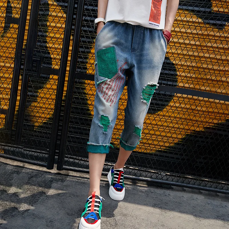 

New Women Frayed Tassel Embroidery Letters Streetwear Summer Casual Denim Calf-Length Pants Zipper Straight Jeans