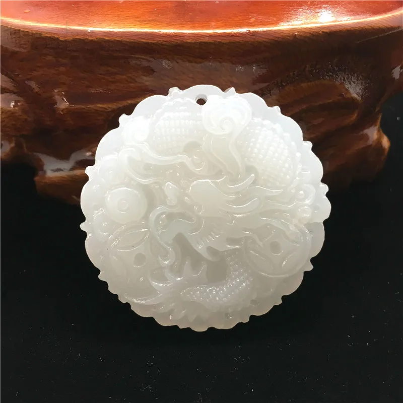 

Money Dragon Natural White Jade Pendant Necklace Chinese Hand-Carved Charm Jewelry Amulet Fashion Accessories for Men Women Gift