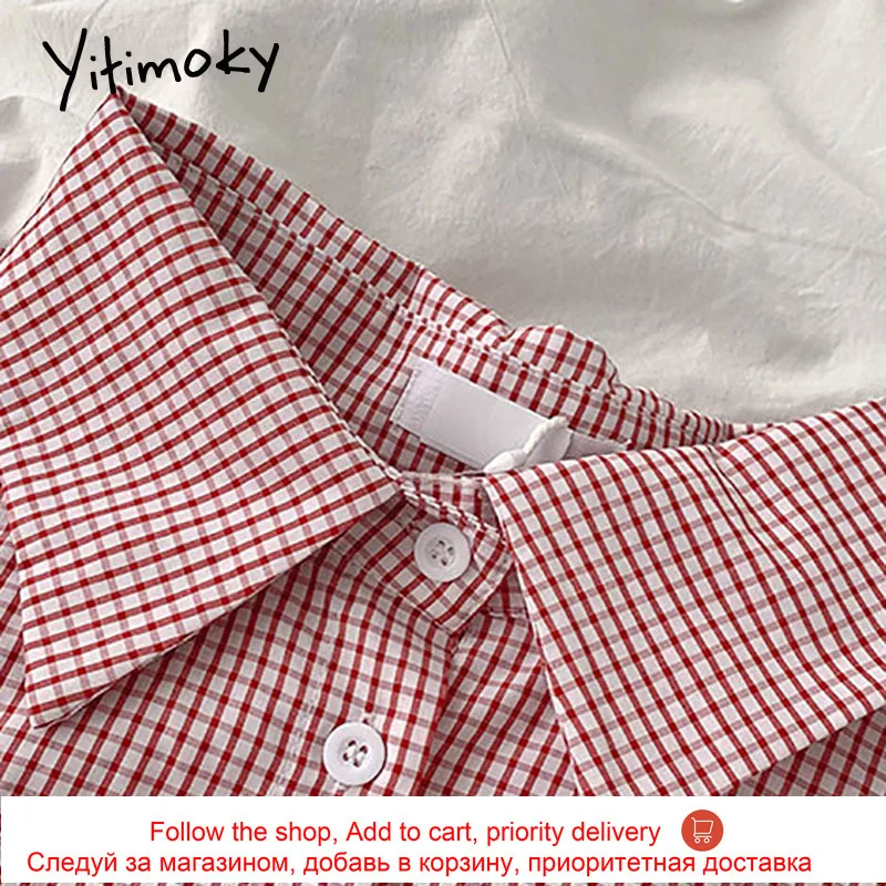 

Yitimoky Plaid Blouse Women Long Sleeve Button Up Tops Turn-down Collar Blue Shirts Straight 2021 Spring Fashion Cotton Ladies