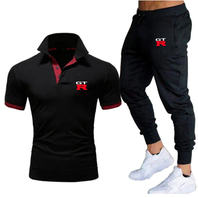 

polo homme Pure cotton Comfortable and Breathable Men's polo shirts Sports Suit With Short Sleeves + Sweatpants TOP