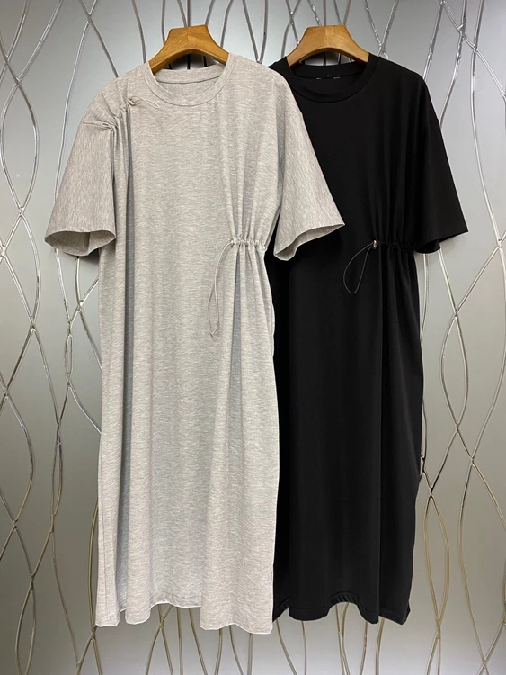 

2021 new women fashion round neck waist drawstring decoration solid color short sleeve dress 513