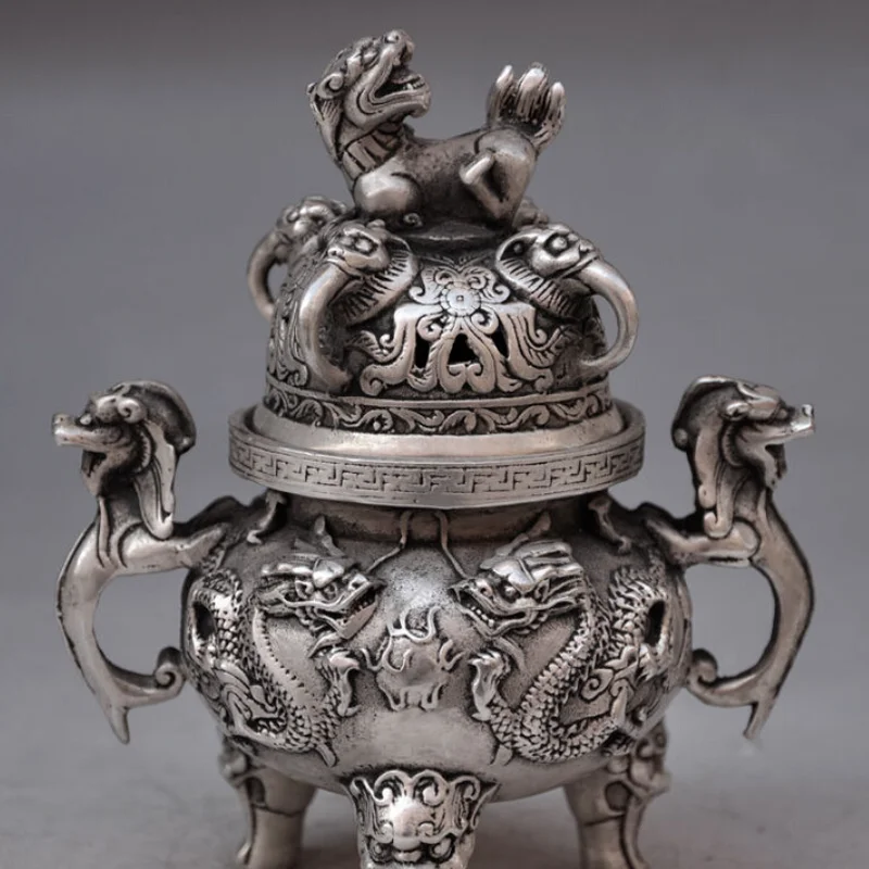 

Китайские буддистские ручные старые серебряные медные статуи дракона льва курильница