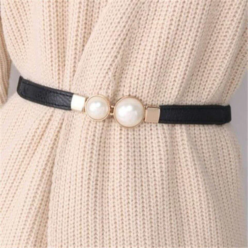 

Women Elastic PU Leather Dress Skirt Waist Thin Belts Ladies Waistband Women Double Pearl Belt Fashion Ladies Belts Accessories