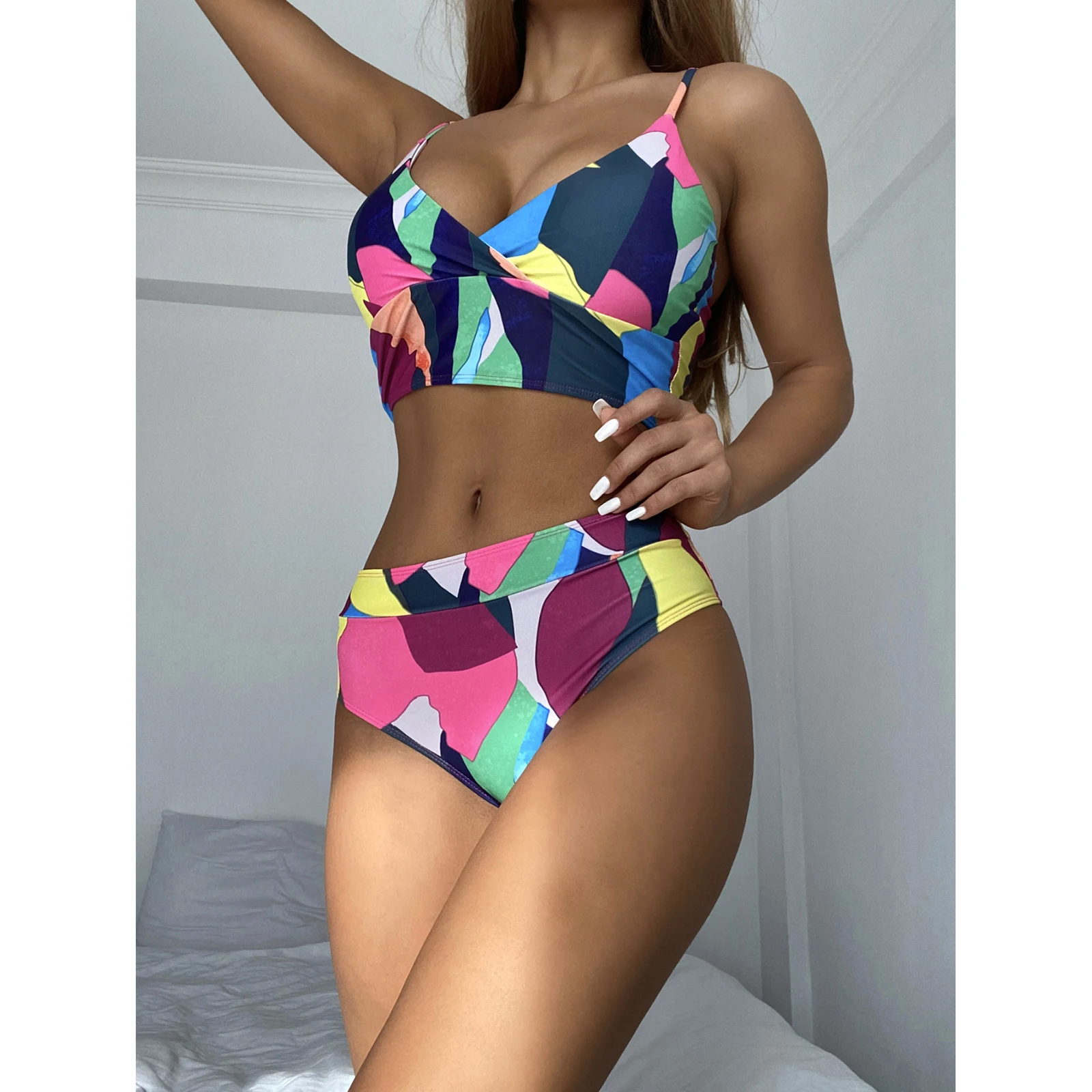 

Женский модный купальный костюм из 2-х предметов, топ без рукавов с геометрическим принтом + нижняя одежда для женщин