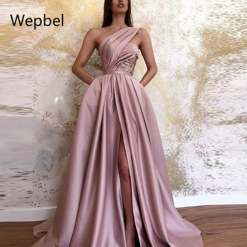 Сексуальное женское платье WEPBEL с разрезом вечерние однотонное вечернее на одно