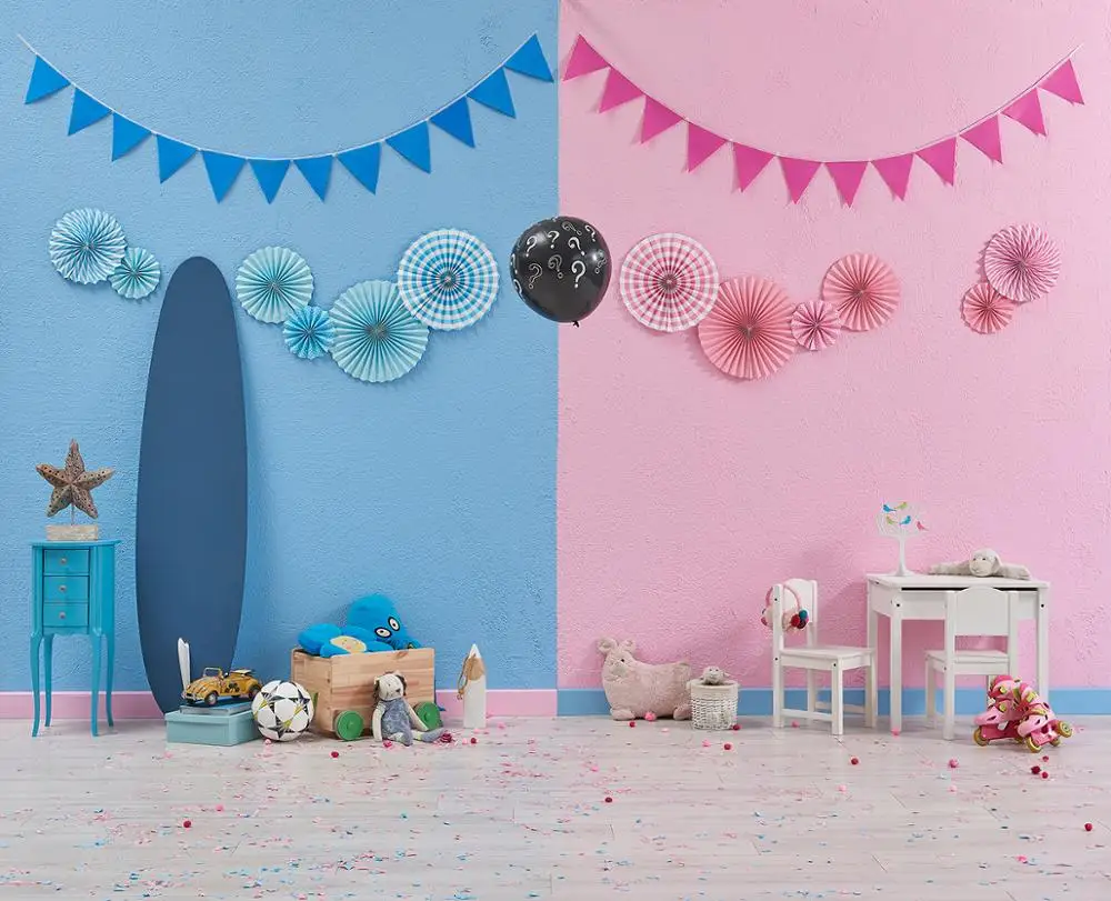 

Boy or Girl Gender Reveal Photography Backdrop Pink and Blue wall Photo Background for Baby Shower Cake Table Party Decor