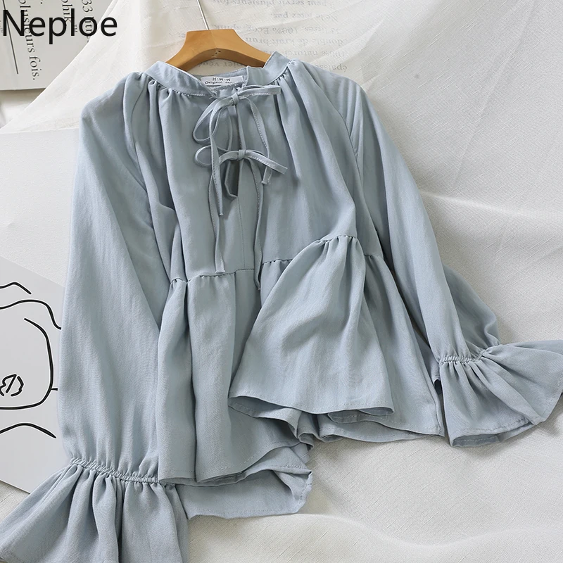 Neploe, Ретро стиль, свободная, однотонная, на шнуровке, с бантом, дизайнерская блузка, для женщин, с круглым вырезом, расклешенная, с длинным рукавом, Blusas Mujer, на осень и весну, праздничная, новая рубашка